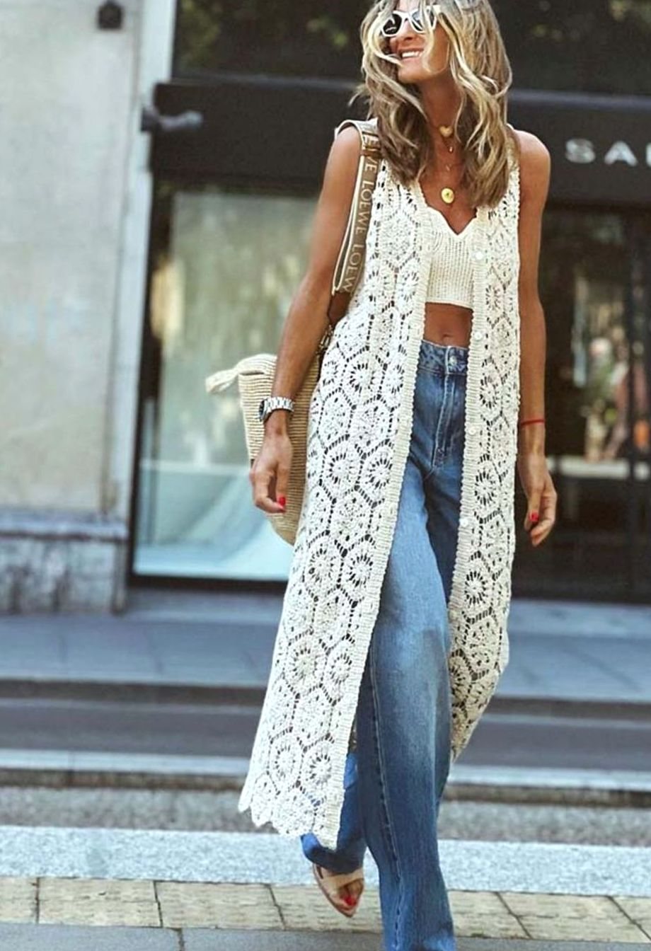 Women's Sleeveless Crochet Lace Oversized Knit Cardigan Boho Duster