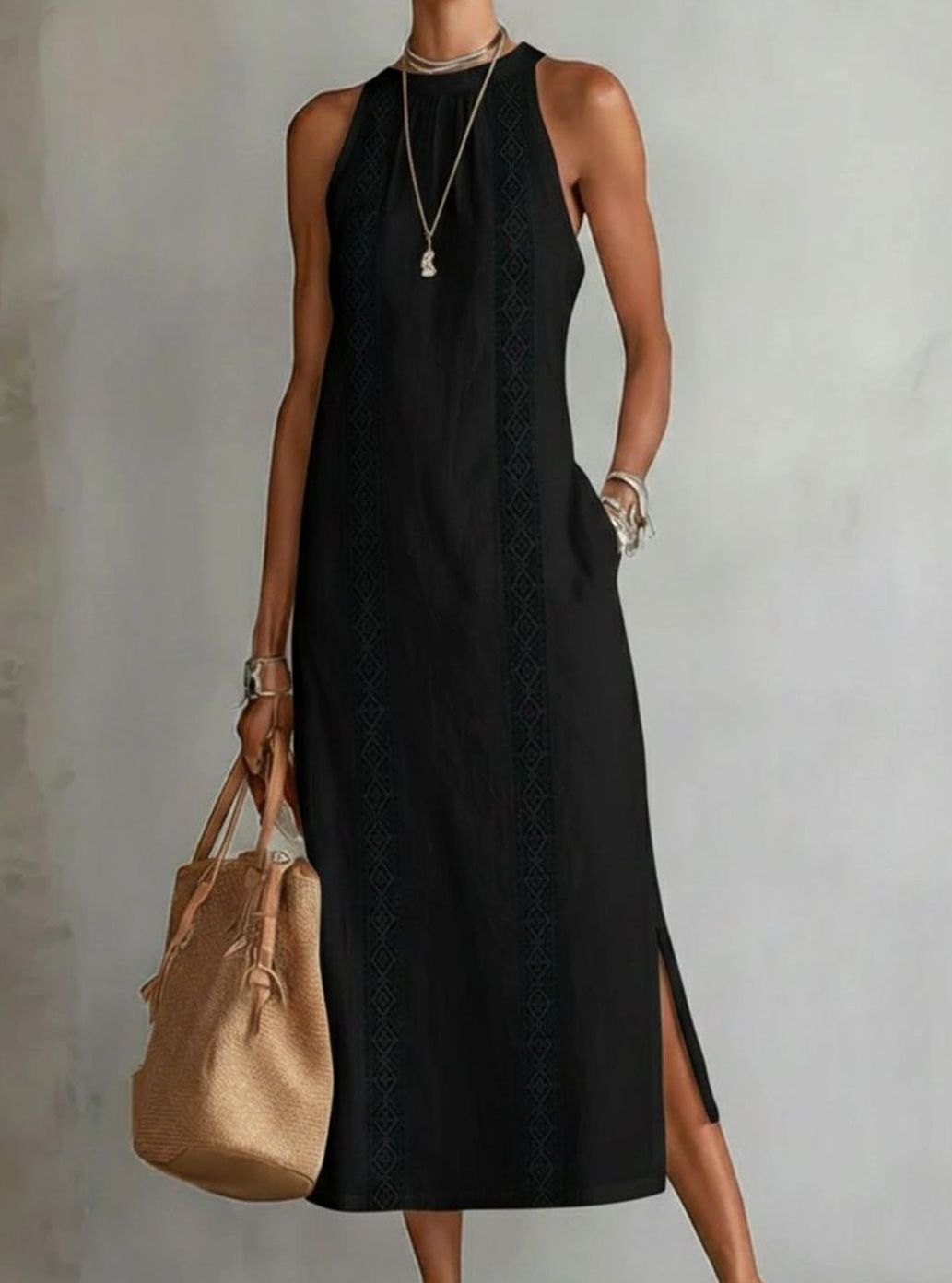 Women's Sleeveless Embroidered Side-Split Midi Dress