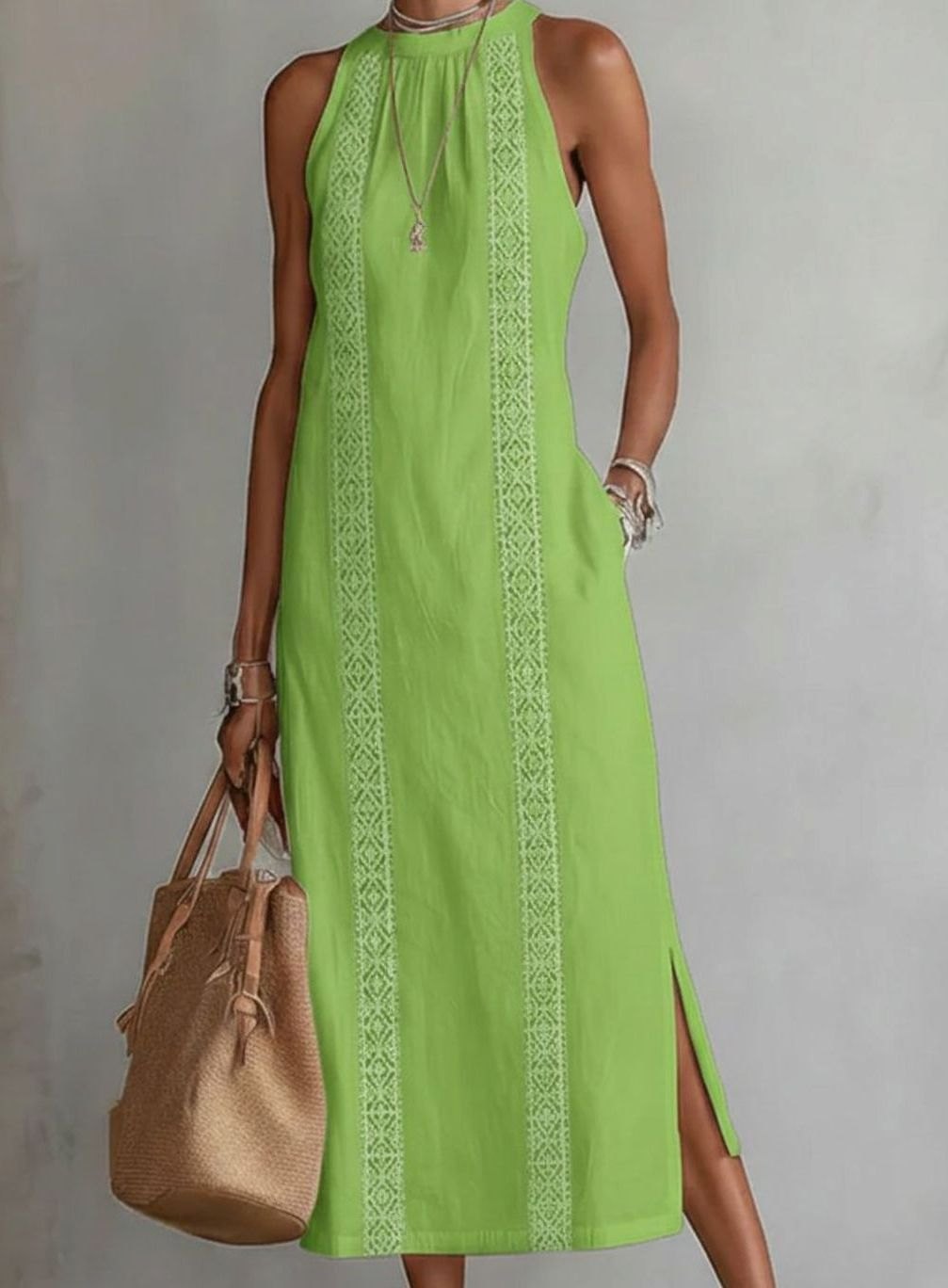 Women's Sleeveless Embroidered Side-Split Midi Dress