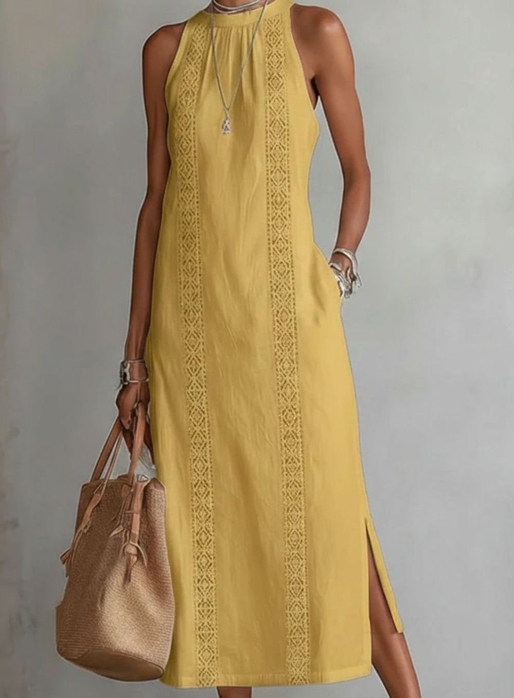 Women's Sleeveless Embroidered Side-Split Midi Dress