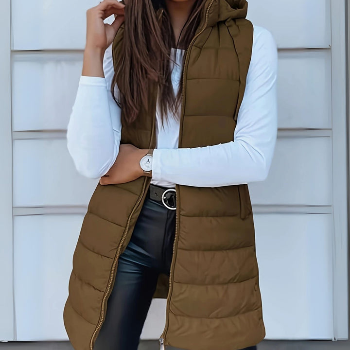 Women's Sleeveless Hooded Longline Puffer Jacket Gilet - Khaki
