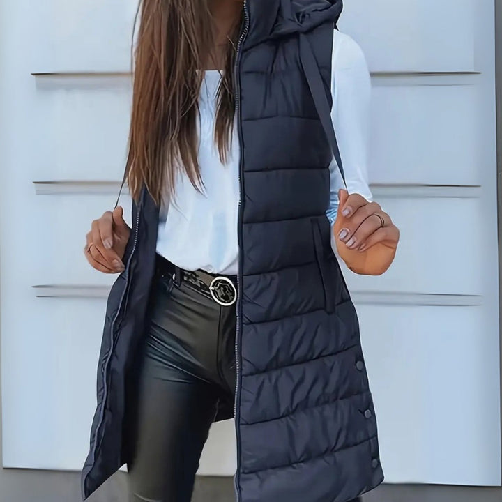 Women's Sleeveless Hooded Longline Puffer Jacket Gilet - Navy Blue