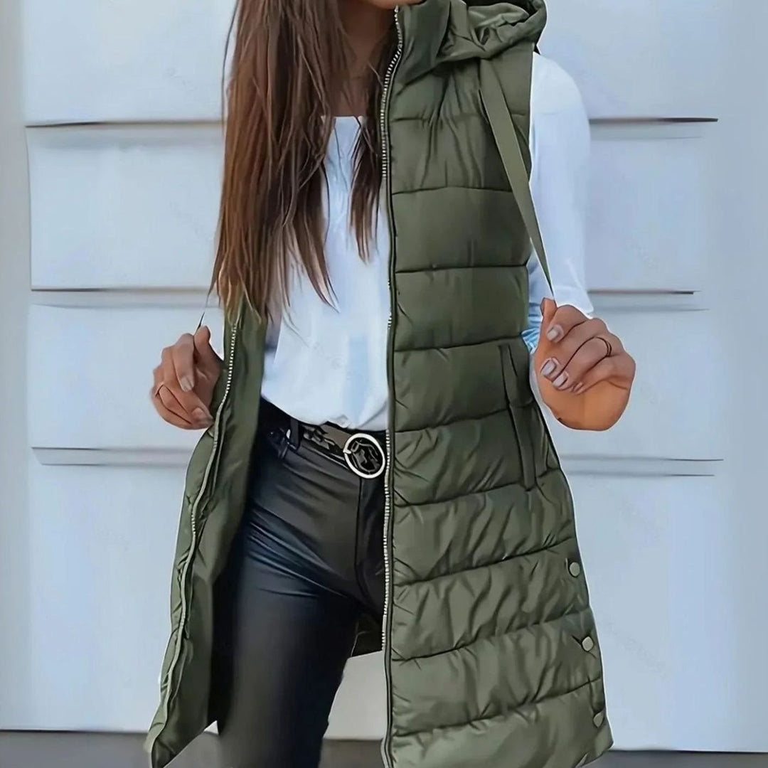 Women's Sleeveless Hooded Longline Puffer Jacket Gilet - Olive Green