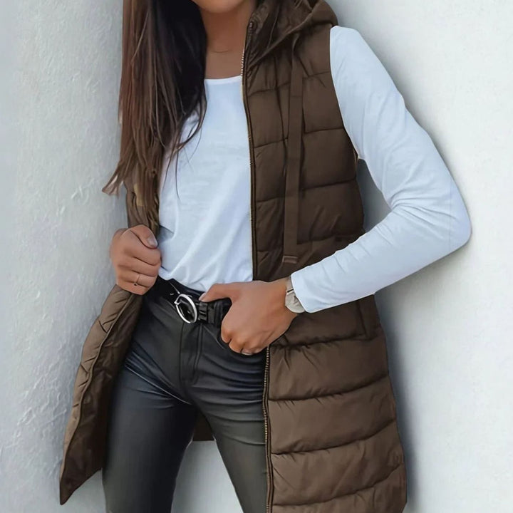 Women's Sleeveless Hooded Longline Puffer Jacket Gilet - Brown
