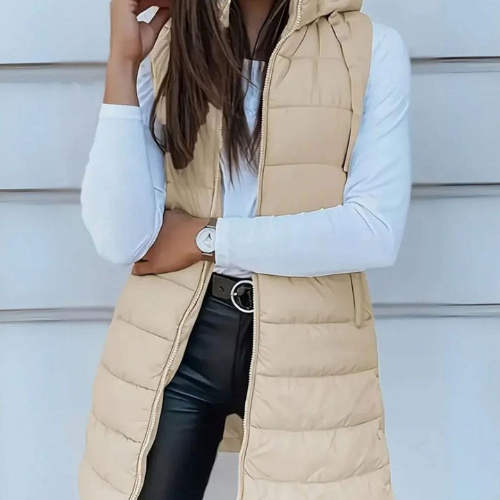 Women's Sleeveless Hooded Longline Puffer Jacket Gilet - Beige