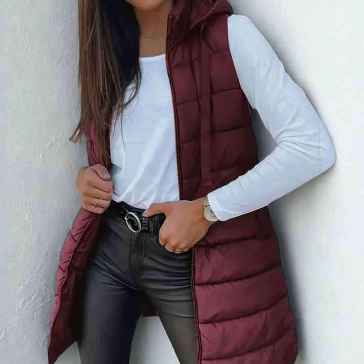 Women's Sleeveless Hooded Longline Puffer Jacket Gilet - Chestnut Brown