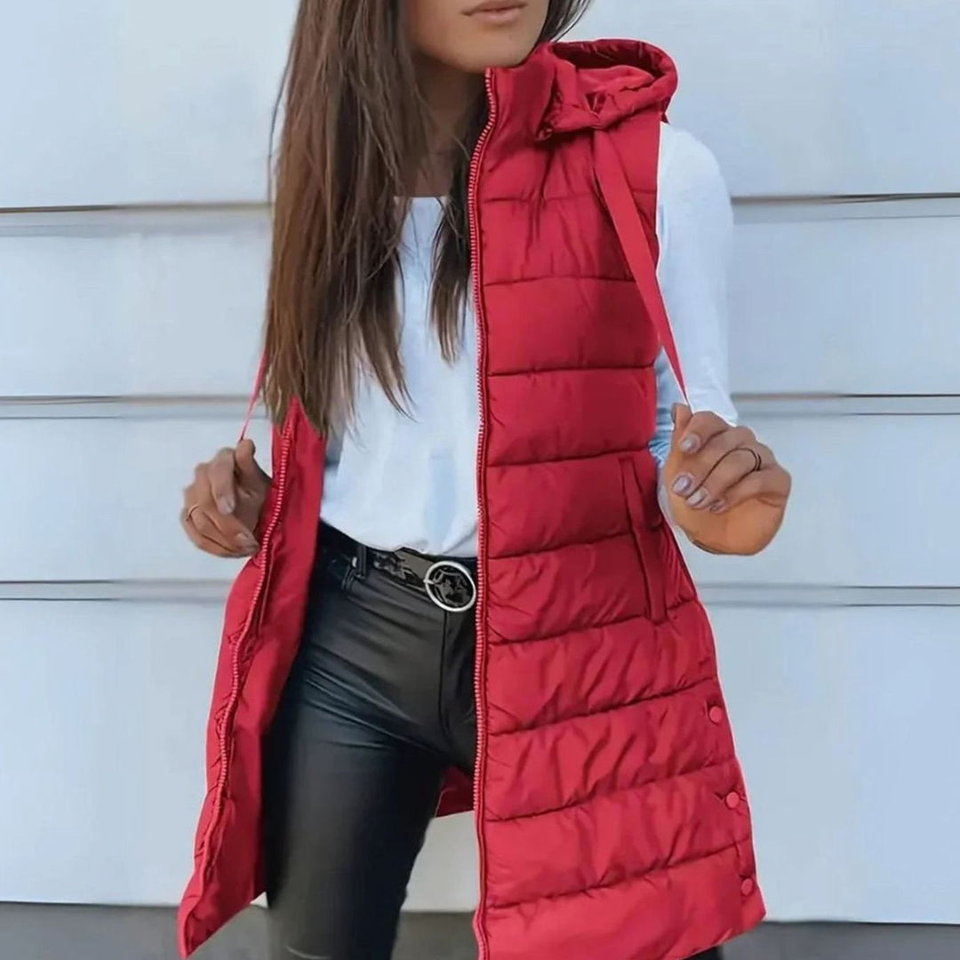 Women's Sleeveless Hooded Longline Puffer Jacket Gilet - Red