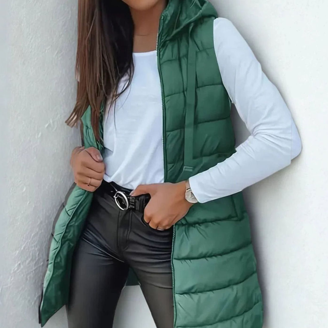 Women's Sleeveless Hooded Longline Puffer Jacket Gilet - Green