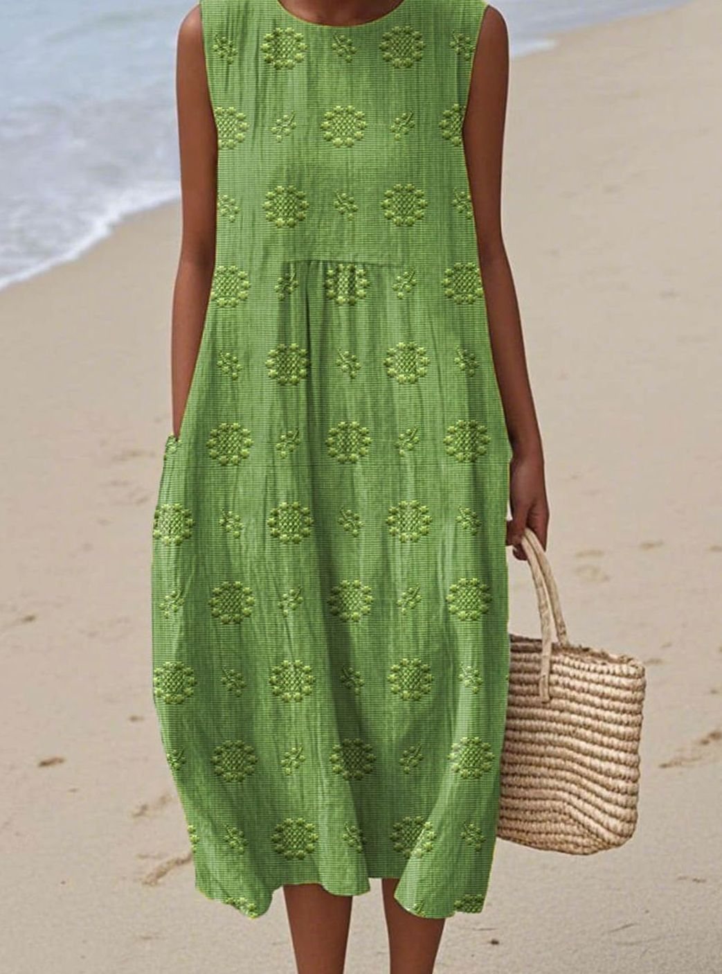 Women's Sleeveless Textured Midi Smock Dress Pockets