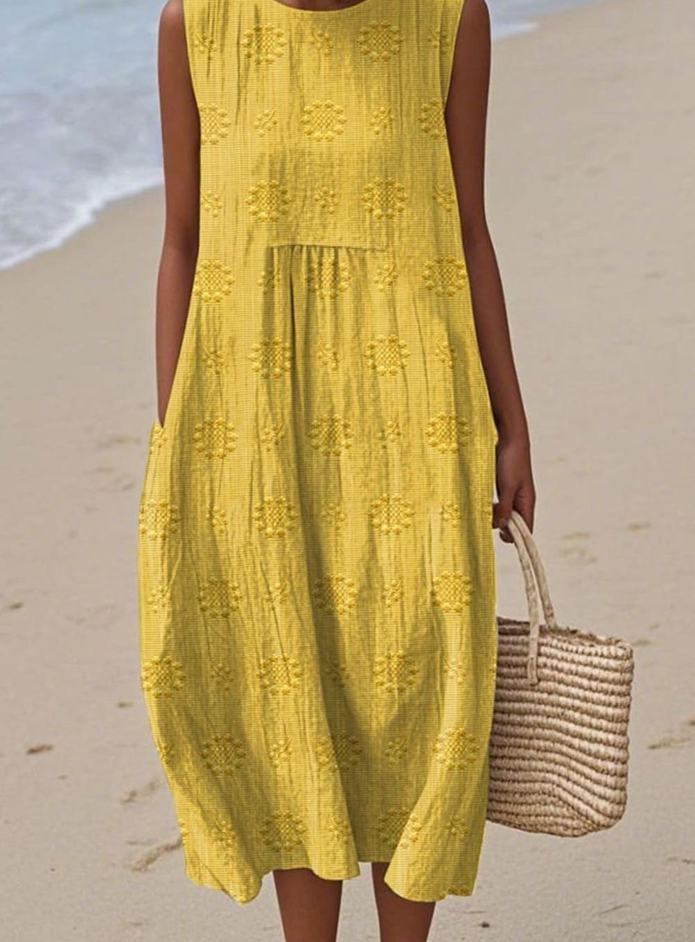 Women's Sleeveless Textured Midi Smock Dress Pockets