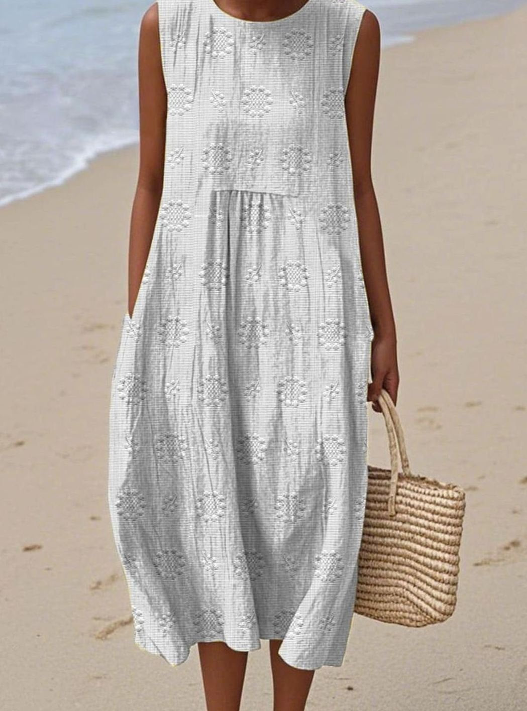 Women's Sleeveless Textured Midi Smock Dress Pockets