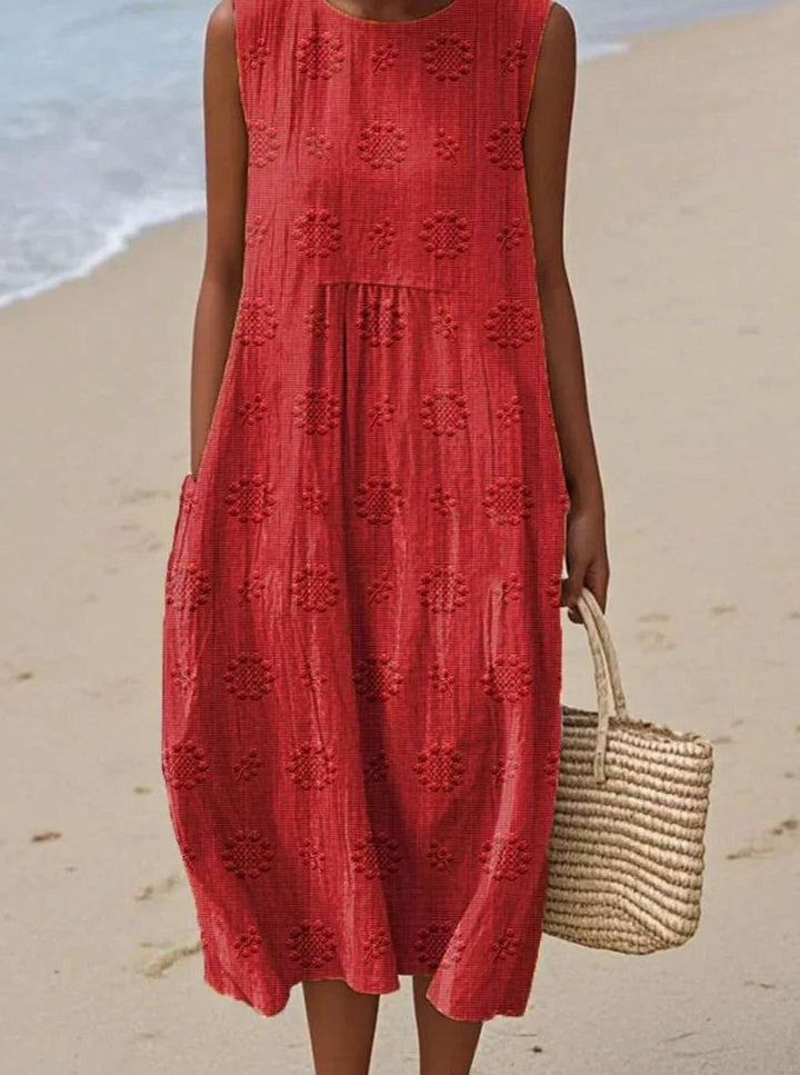 Women's Sleeveless Textured Midi Smock Dress Pockets