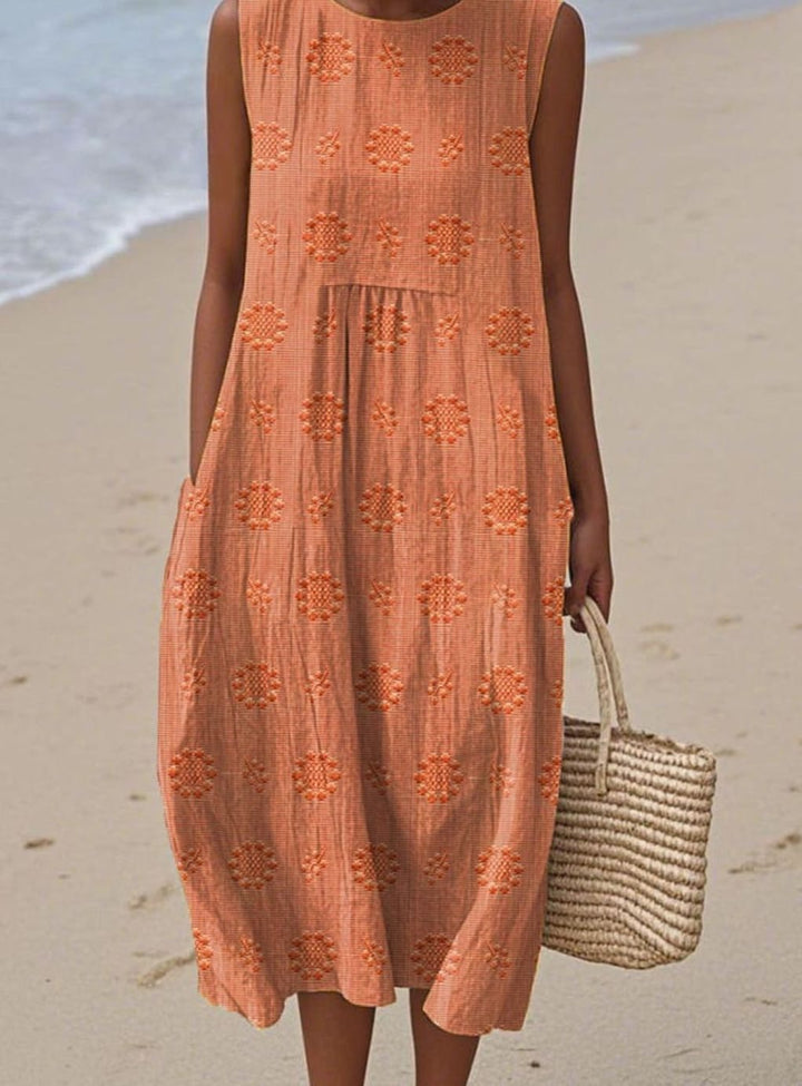 Women's Sleeveless Textured Midi Smock Dress Pockets