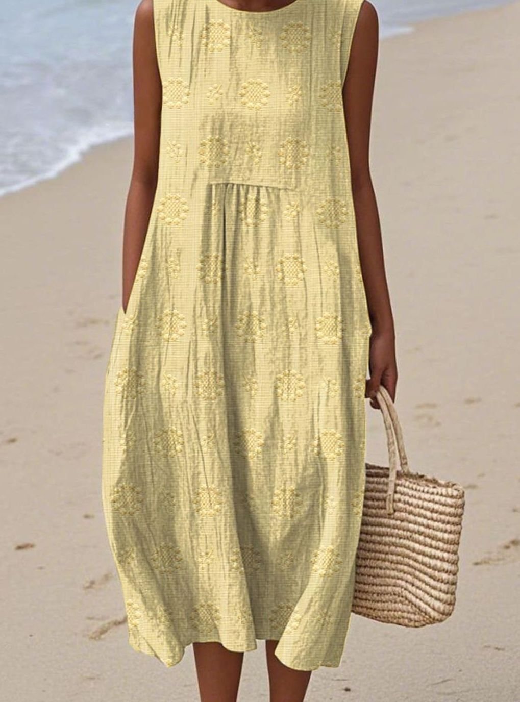 Women's Sleeveless Textured Midi Smock Dress Pockets