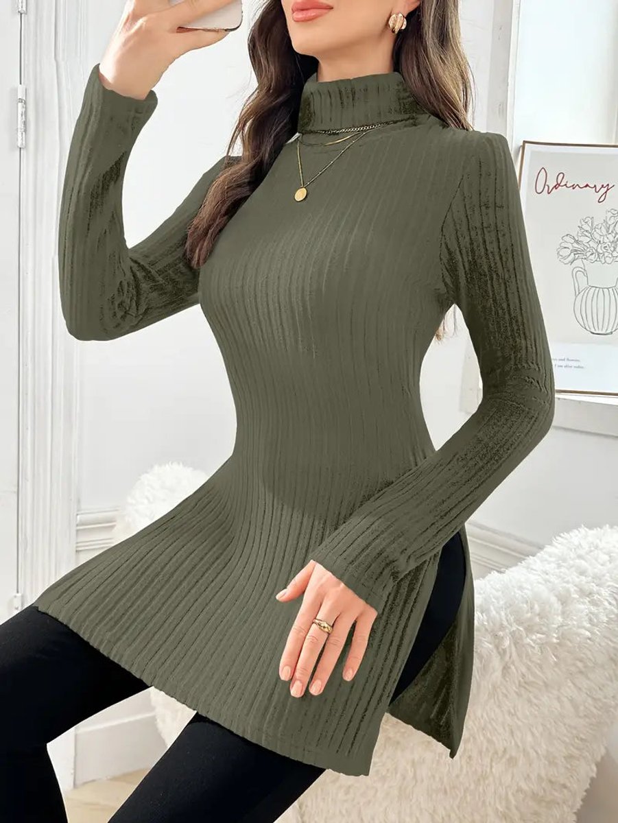 Women's Slim-Fit Ribbed Mock Turtleneck Jumper Long Sleeve