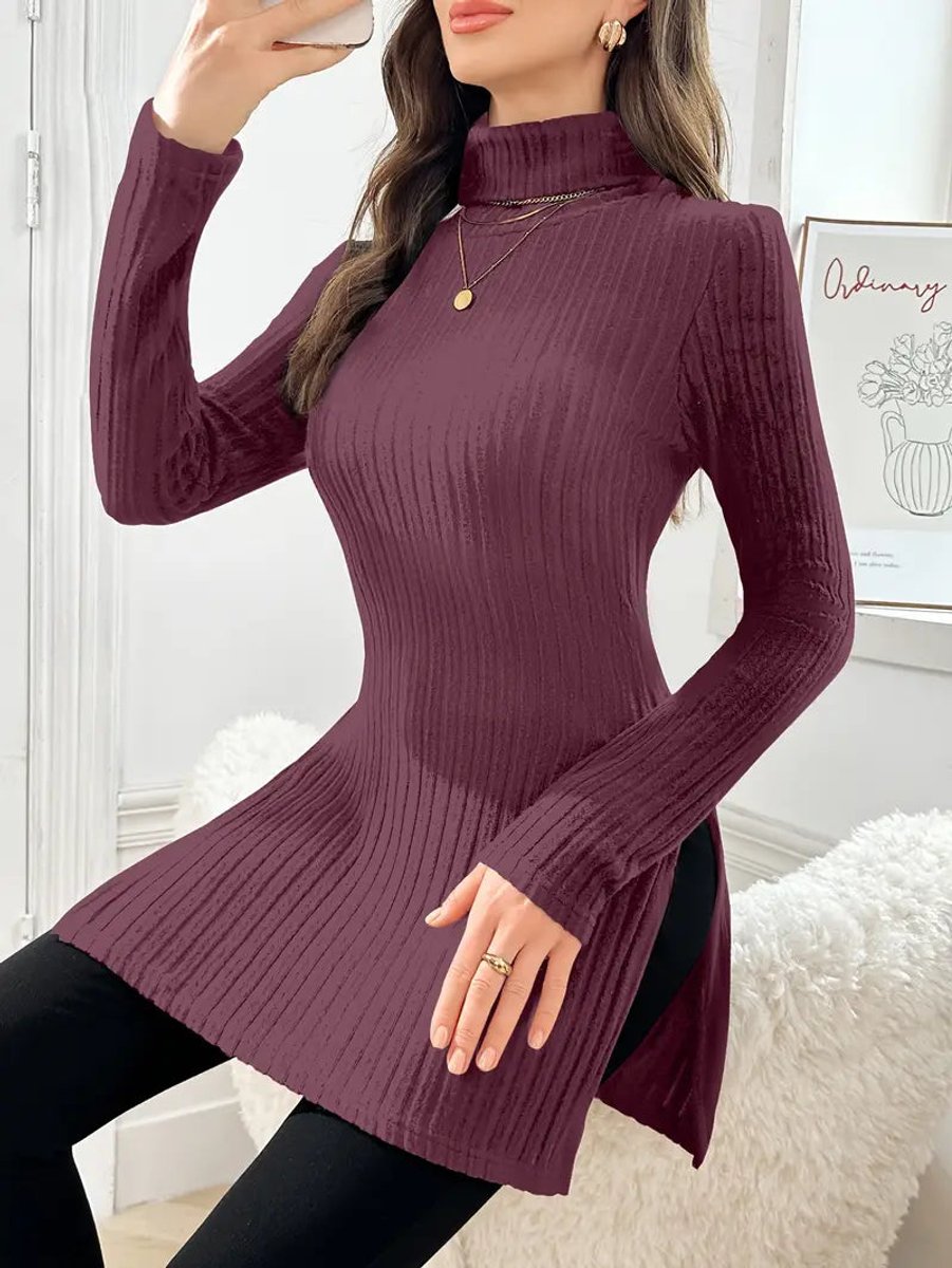 Women's Slim-Fit Ribbed Mock Turtleneck Jumper Long Sleeve