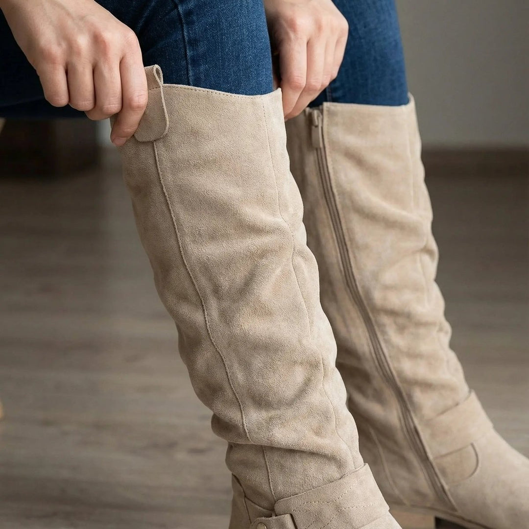 Women's Slouch Knee-High Boots Low Block Heel Side Zip