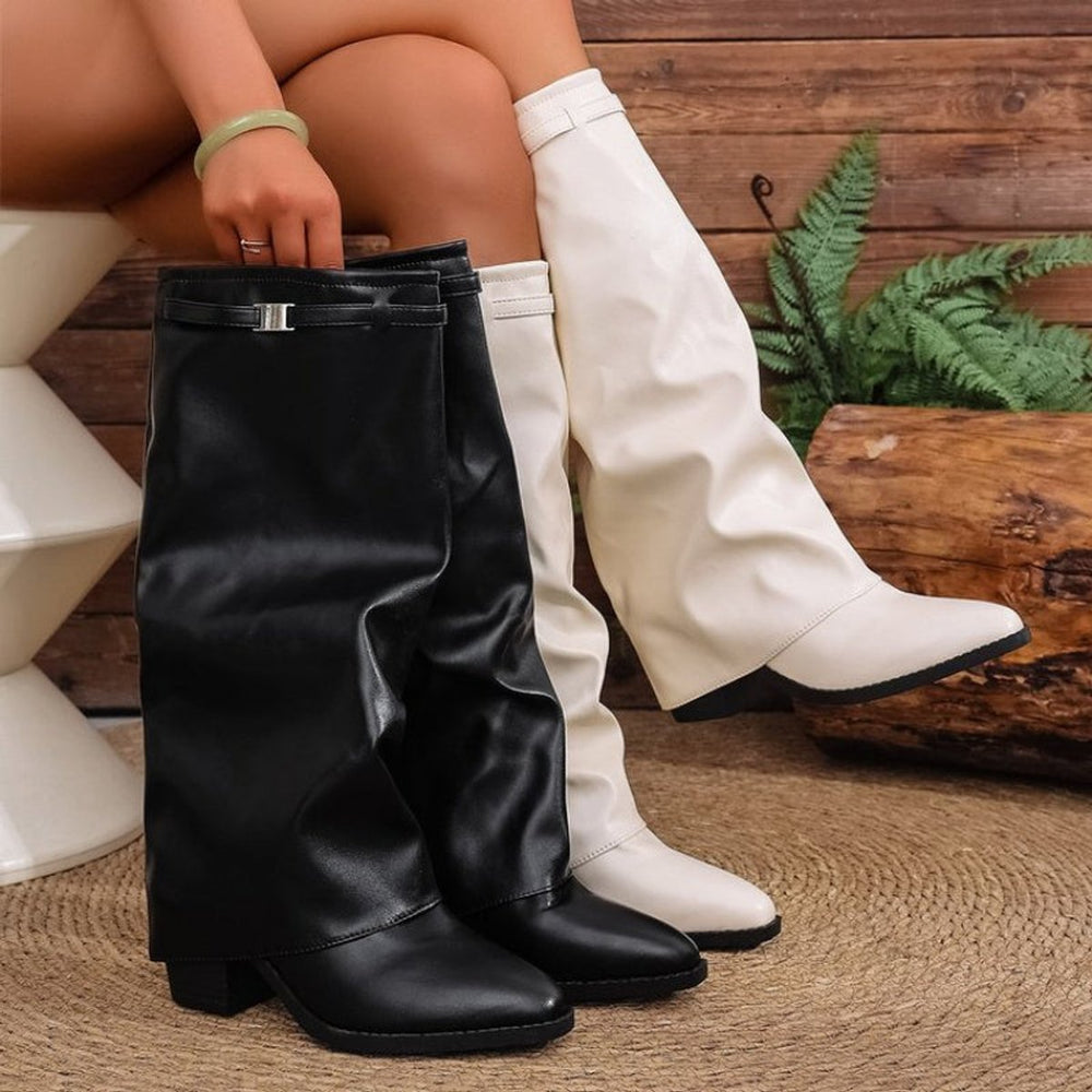 Women's Slouch Pointed-Toe Low-Block-Heel Knee-High Boots