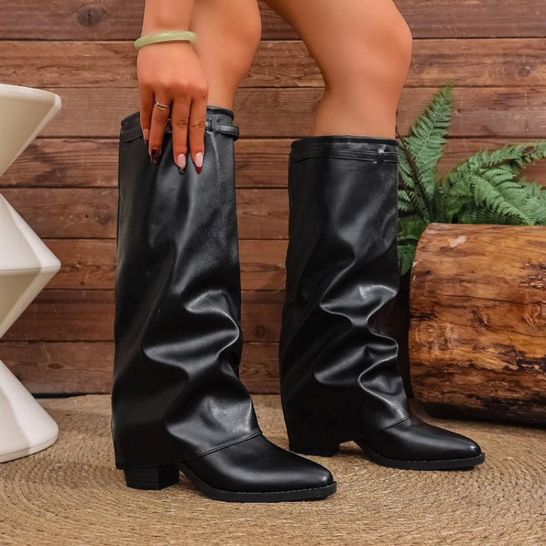 Women's Slouch Pointed-Toe Low-Block-Heel Knee-High Boots