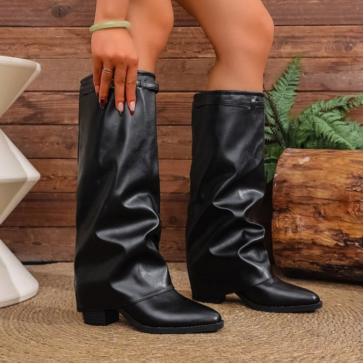 Women's Slouch Pointed-Toe Low-Block-Heel Knee-High Boots