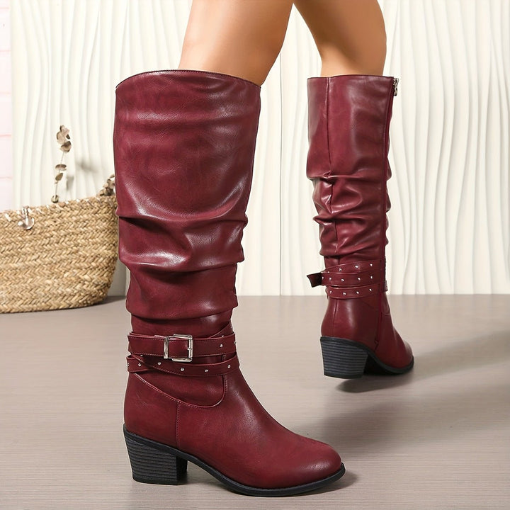 Women's Slouchy Buckle-Strap Block-Heel Knee-High Boots