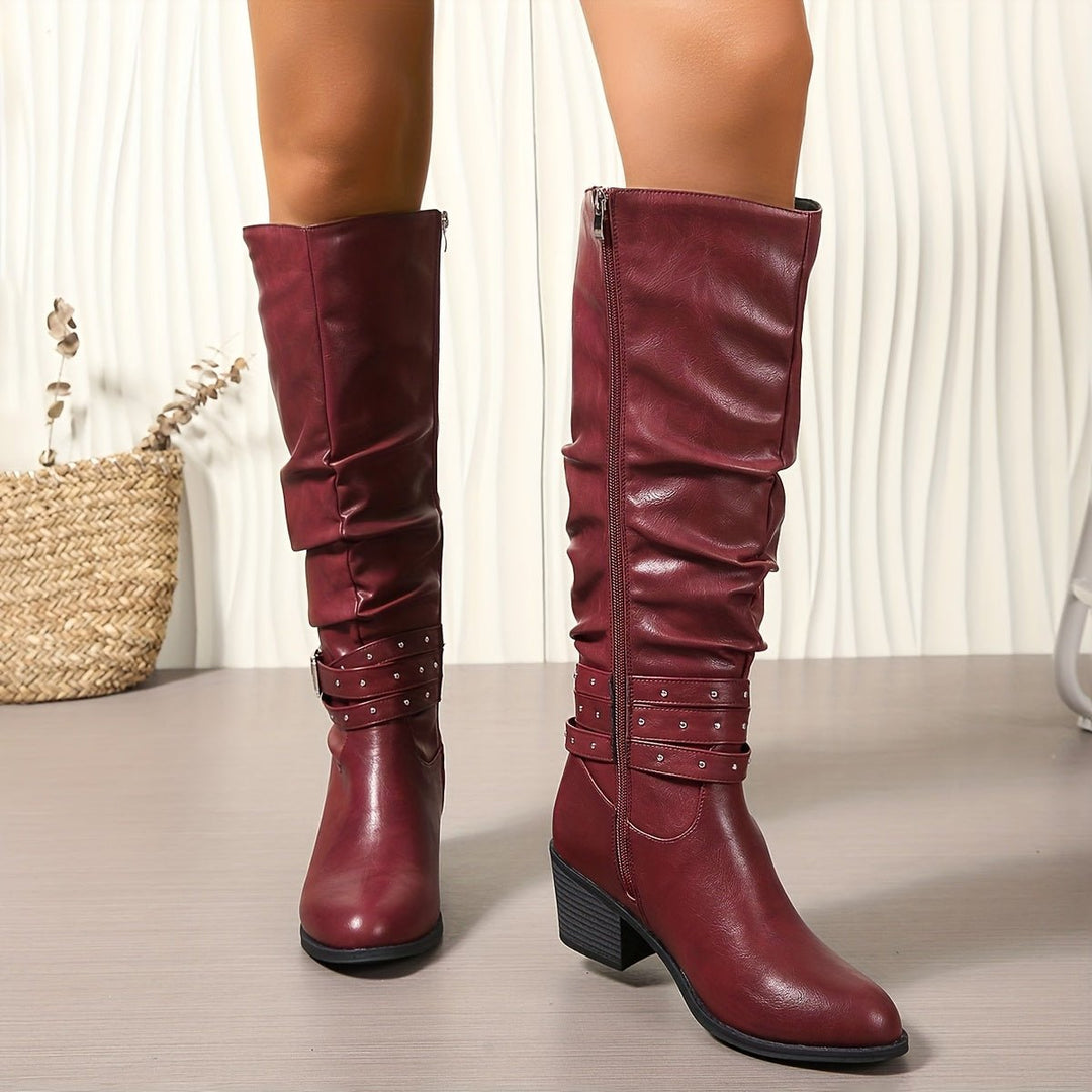 Women's Slouchy Buckle-Strap Block-Heel Knee-High Boots