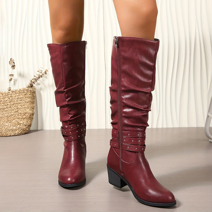 Women's Slouchy Buckle-Strap Block-Heel Knee-High Boots
