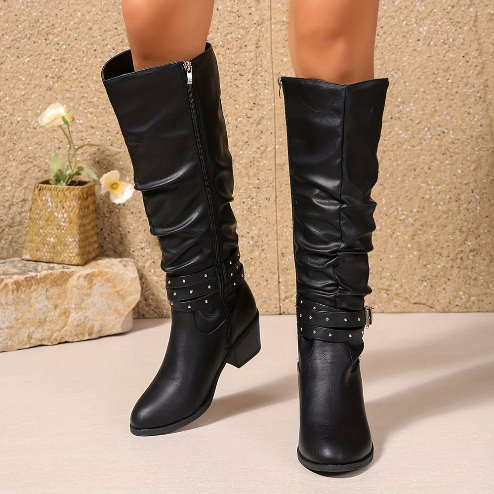 Women's Slouchy Buckle-Strap Block-Heel Knee-High Boots
