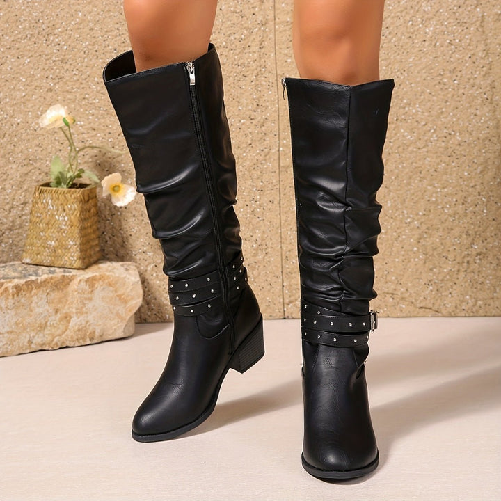 Women's Slouchy Buckle-Strap Block-Heel Knee-High Boots