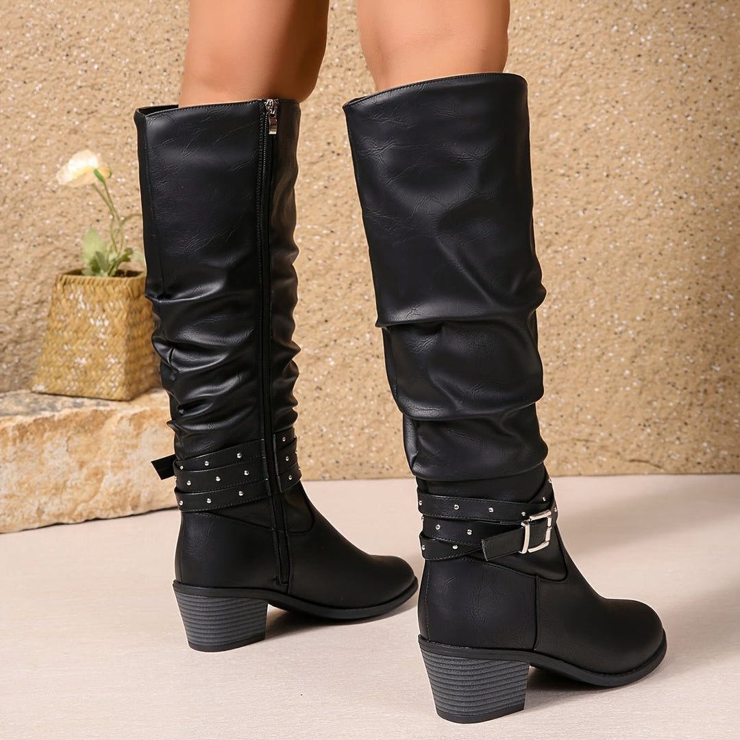Women's Slouchy Buckle-Strap Block-Heel Knee-High Boots