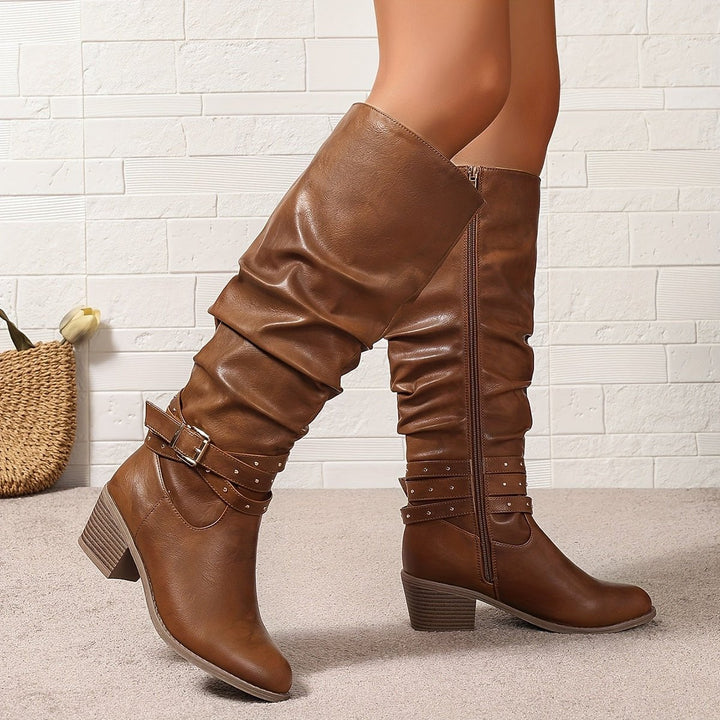 Women's Slouchy Buckle-Strap Block-Heel Knee-High Boots