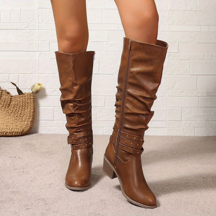 Women's Slouchy Buckle-Strap Block-Heel Knee-High Boots
