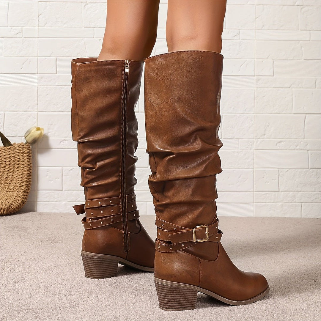 Women's Slouchy Buckle-Strap Block-Heel Knee-High Boots