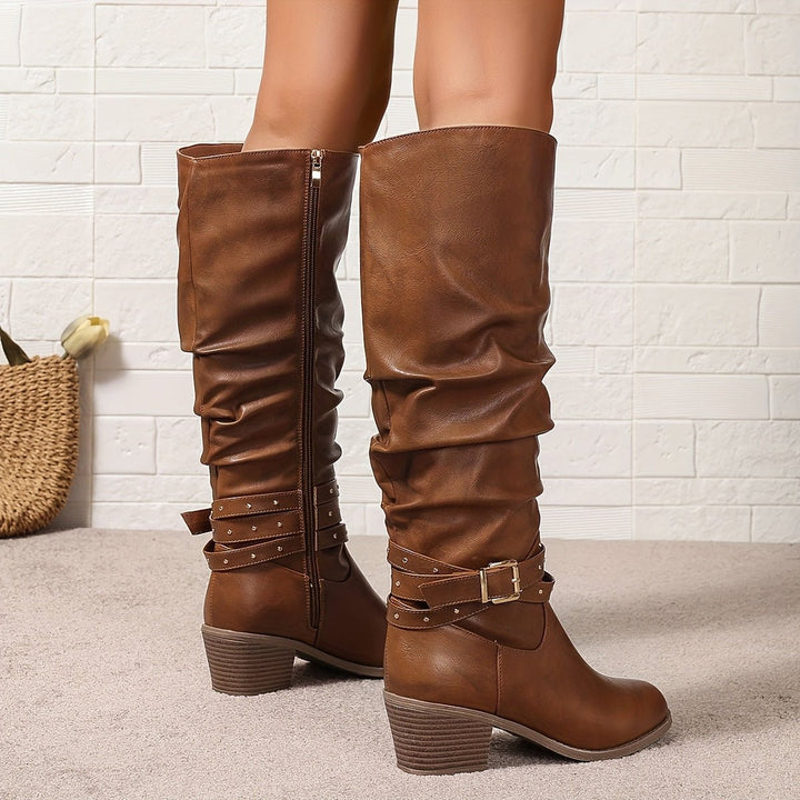 Women's Slouchy Buckle-Strap Block-Heel Knee-High Boots