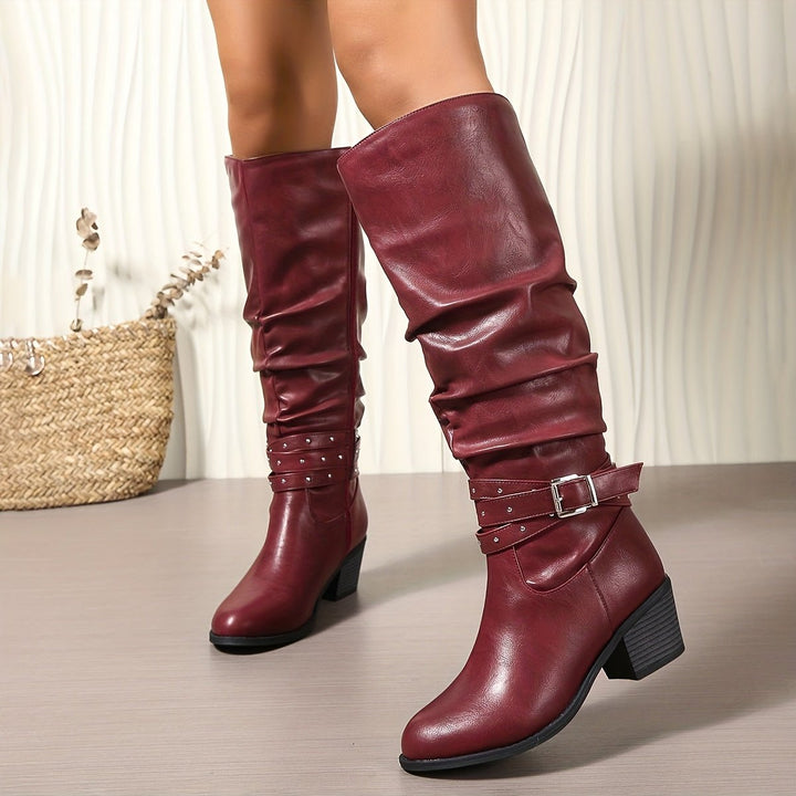 Women's Slouchy Buckle-Strap Block-Heel Knee-High Boots
