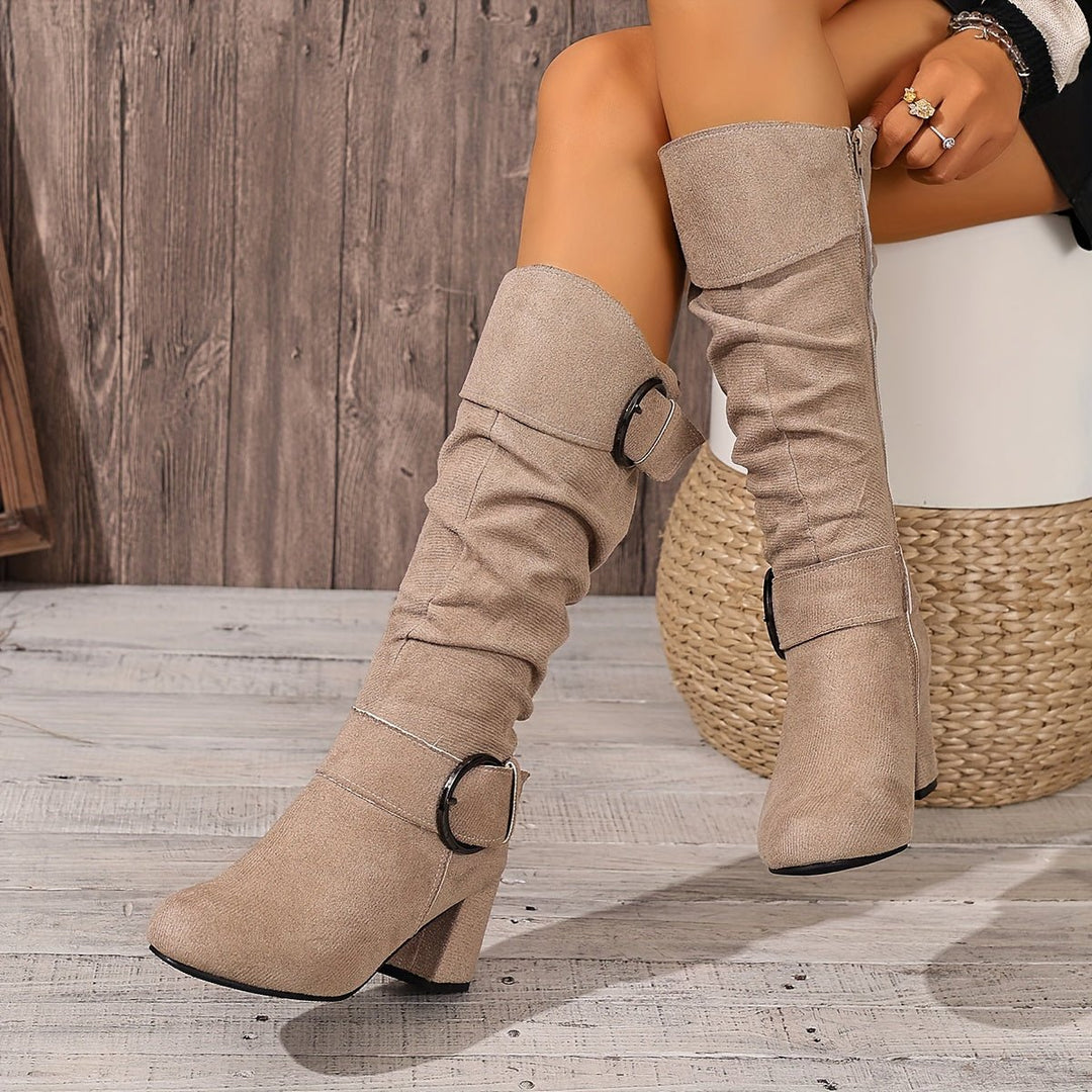 Women's Slouchy Double-Buckle Block Heel Knee-High Boots