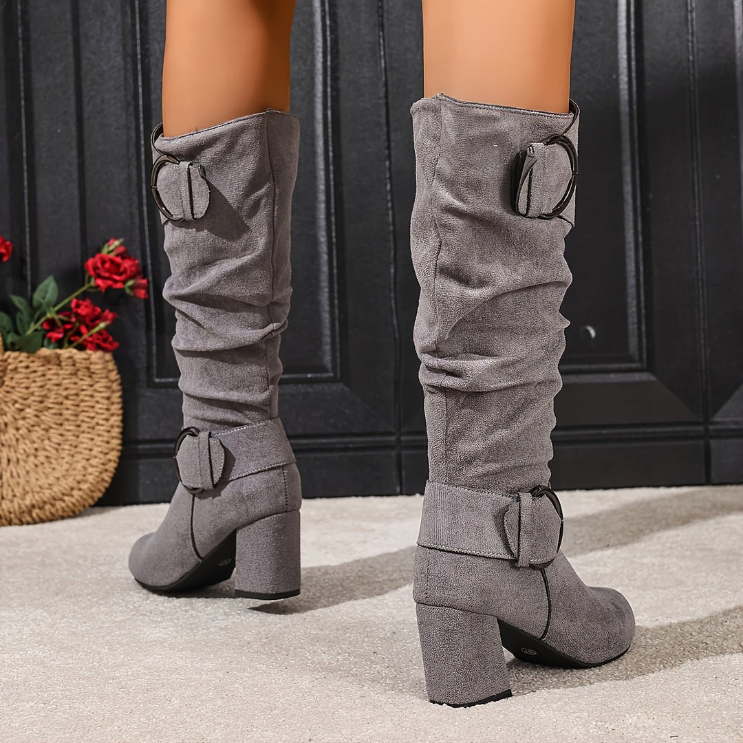Women's Slouchy Double-Buckle Block Heel Knee-High Boots