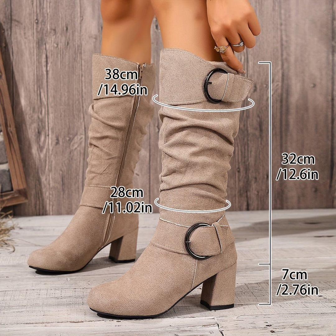 Women's Slouchy Double-Buckle Block Heel Knee-High Boots