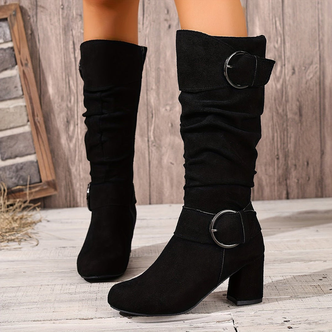 Women's Slouchy Double-Buckle Block Heel Knee-High Boots