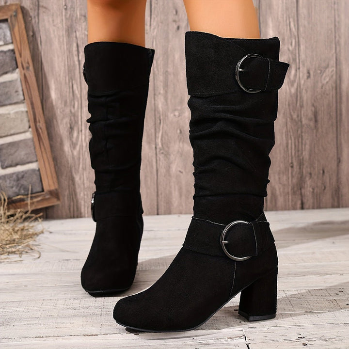 Women's Slouchy Double-Buckle Block Heel Knee-High Boots