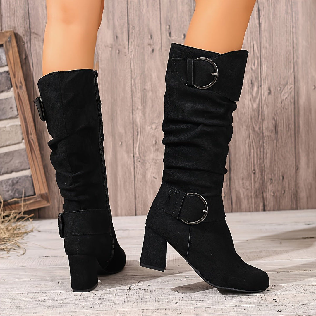 Women's Slouchy Double-Buckle Block Heel Knee-High Boots