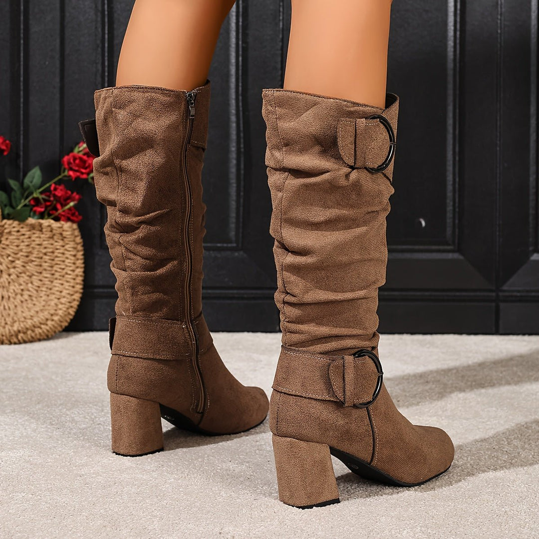 Women's Slouchy Double-Buckle Block Heel Knee-High Boots