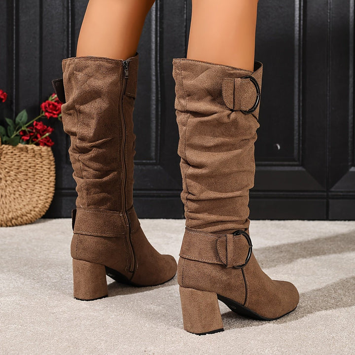 Women's Slouchy Double-Buckle Block Heel Knee-High Boots