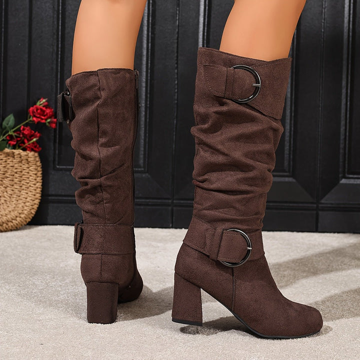 Women's Slouchy Double-Buckle Block Heel Knee-High Boots