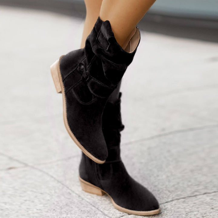 Women's Slouchy Suede Ankle Heeled Boots Buckle Detail