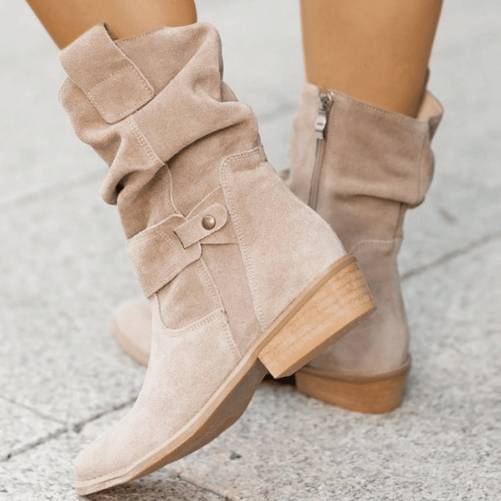 Women's Slouchy Suede Ankle Heeled Boots Buckle Detail