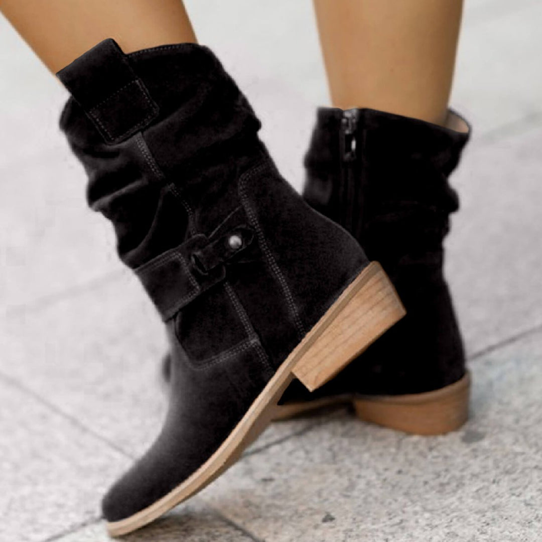Women's Slouchy Suede Ankle Heeled Boots Buckle Detail