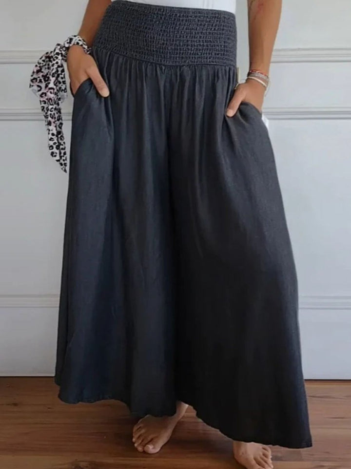 Women's Smocked High-Waist Cotton Blend Wide Leg Trousers Pockets