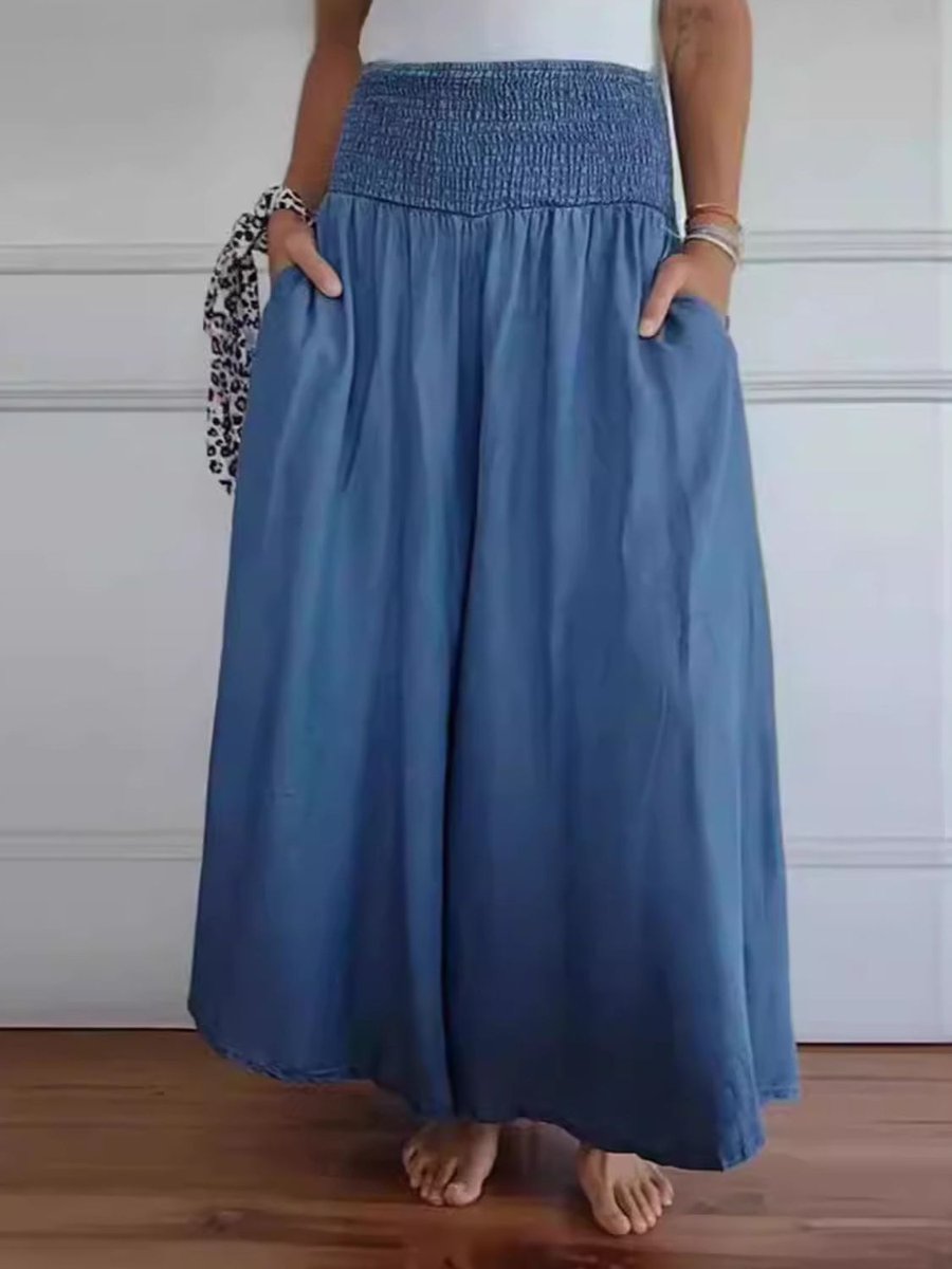 Women's Smocked High-Waist Cotton Blend Wide Leg Trousers Pockets