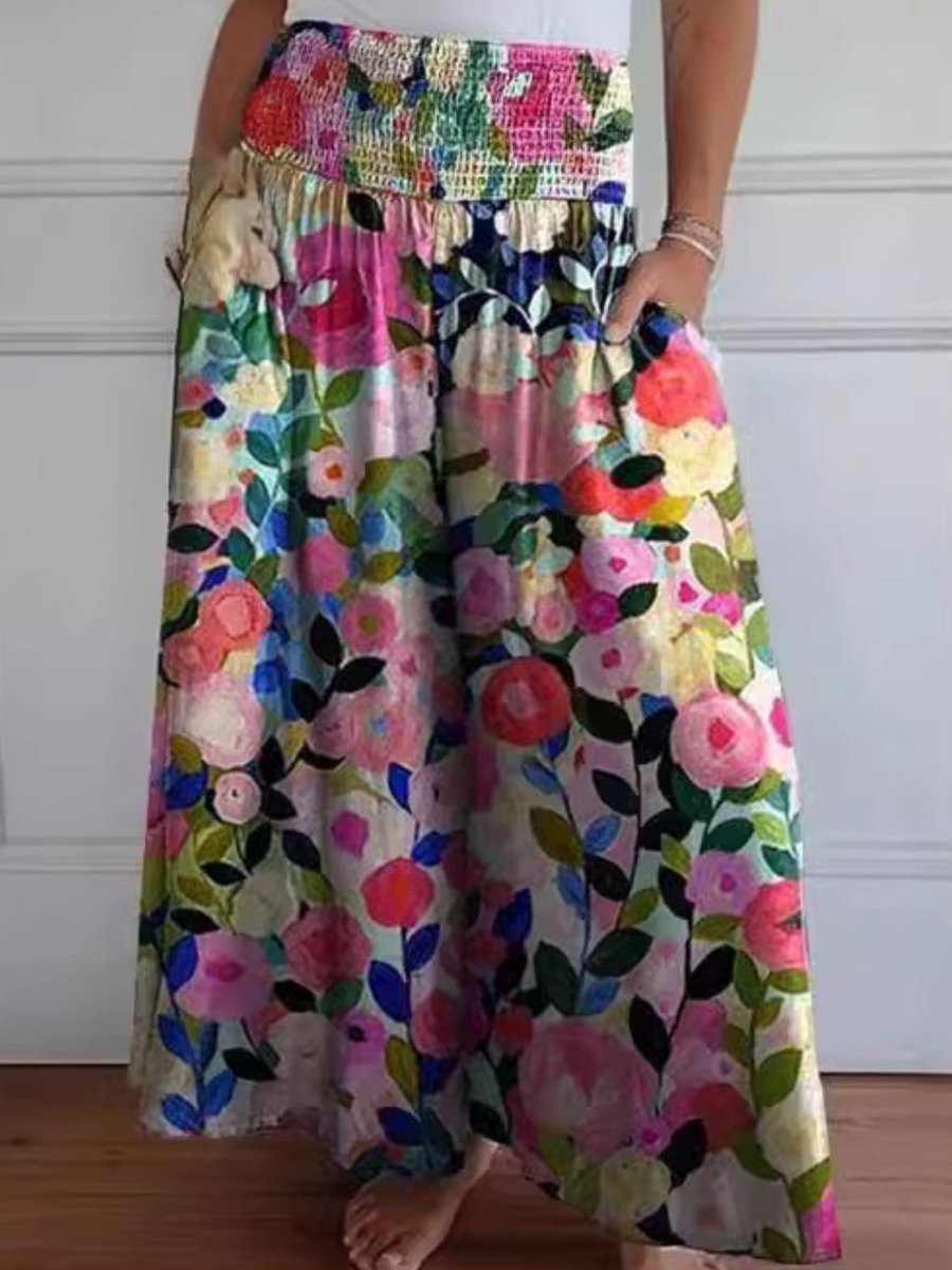 Women's Smocked High-Waist Cotton Blend Wide Leg Trousers Pockets